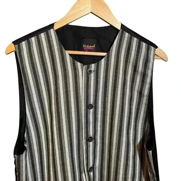 Hutspah Men's Vest Black-Grey Stripe 5 Buttons Black Lining Size L - Picture 3 of 12